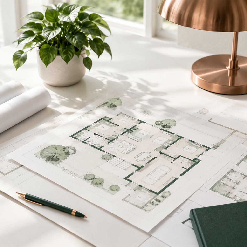 House plans with lamp on a desk