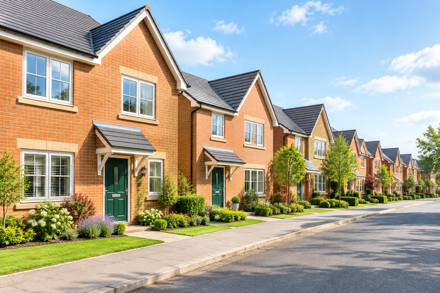 Newly built brick family houses on a modern residential development street