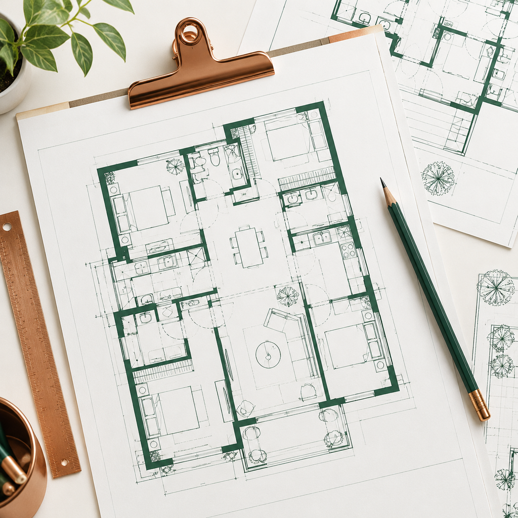 Architectural planning drawings on a bright table