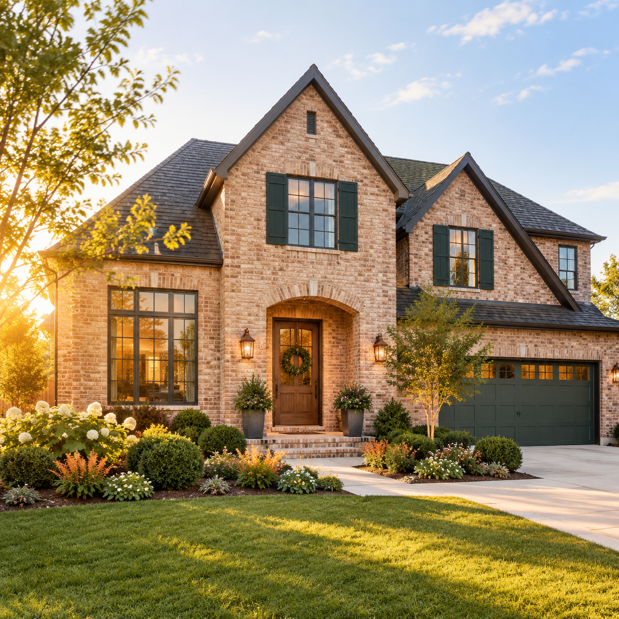Finished modern brick family house at golden hour